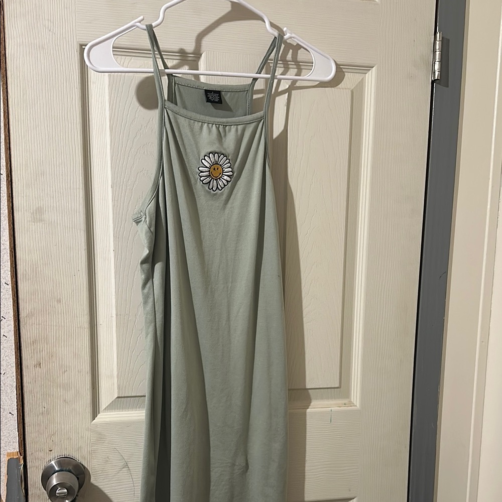 Sage Green Sleeveless Dress with Daisy Embroidery